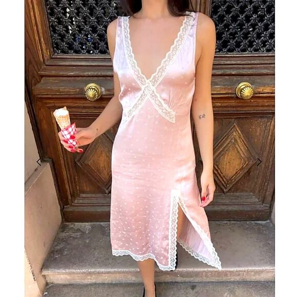 Rumored Blush Pink Lace Slip Midi Dress Small Plunge Neck Retro Lucy Heart Satin - Picture 2 of 4